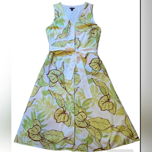 LOFT Dresses & Skirts - LOFT Cotton Tropical Leaf Print Sleeveless Button Front Satin Belt Dress Size 4